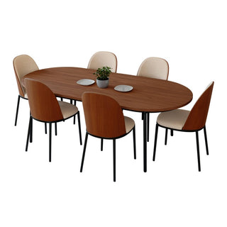 Tule 7-Piece Dining Set in Steel Frame with 6 Upholstered Seat Dining Chairs and 71" Oval Dining Table with MDF Tabletop