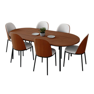 Tule 7-Piece Dining Set in Steel Frame with 6 Upholstered Seat Dining Chairs and 71" Oval Dining Table with MDF Tabletop
