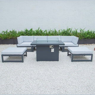 LeisureModLeisureMod | Chelsea 7-Piece Patio Ottoman Sectional And Fire Pit Table Black Aluminum With Cushions | CSFOBL-7LGRCSFOBL-7BGAloha Habitat