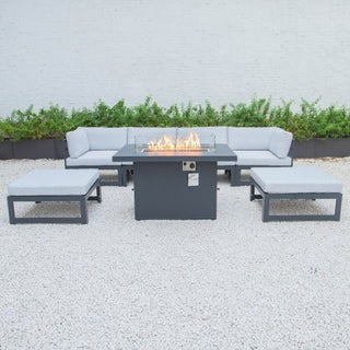 LeisureModLeisureMod | Chelsea 7-Piece Patio Ottoman Sectional And Fire Pit Table Black Aluminum With Cushions | CSFOBL-7LGRCSFOBL-7BGAloha Habitat