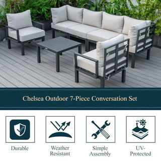 LeisureModLeisureMod | Chelsea 7-Piece Patio Sectional And Coffee Table Set Black Aluminum With Cushions | CSTBL-7CSTBL-7BGAloha Habitat