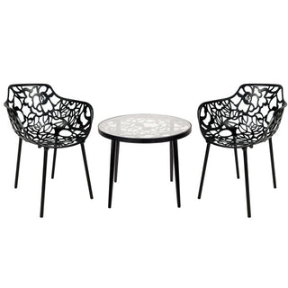 LeisureModLeisureMod | Devon Mid-Century Modern 3-Piece Aluminum Outdoor Patio Dining Set with Tempered Glass Top Table and 2 Stackable Flower Design Arm Chairs for Patio, Poolside, Balcony, and Backyard Garden | DT20CA2DT20CABL2Aloha Habitat