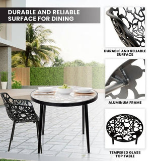 LeisureModLeisureMod | Devon Mid-Century Modern 3-Piece Aluminum Outdoor Patio Dining Set with Tempered Glass Top Table and 2 Stackable Flower Design Arm Chairs for Patio, Poolside, Balcony, and Backyard Garden | DT20CA2DT20CABL2Aloha Habitat