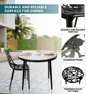 LeisureModLeisureMod | Devon Mid-Century Modern 3-Piece Aluminum Outdoor Patio Dining Set with Tempered Glass Top Table and 2 Stackable Flower Design Chairs for Patio, Poolside, Balcony, and Backyard Garden | DT20CDT20CBLAloha Habitat