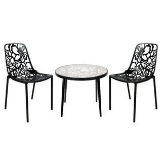 LeisureModLeisureMod | Devon Mid-Century Modern 3-Piece Aluminum Outdoor Patio Dining Set with Tempered Glass Top Table and 2 Stackable Flower Design Chairs for Patio, Poolside, Balcony, and Backyard Garden | DT20CDT20CBLAloha Habitat
