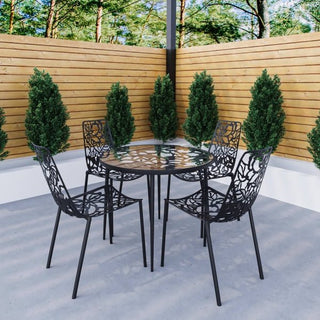 LeisureModLeisureMod | Devon Mid-Century Modern 5-Piece Aluminum Outdoor Patio Dining Set with Tempered Glass Top Table and 4 Stackable Flower Design Chairs for Patio, Poolside, Balcony, and Backyard Garden | DT31C4DT31C4BLAloha Habitat