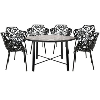 LeisureModLeisureMod | Devon Mid-Century Modern 7-Piece Aluminum Outdoor Patio Dining Set with Tempered Glass Top Table and 6 Stackable Flower Design Arm Chairs for Patio, Poolside, Balcony, and Backyard Garden | DT48CA6DT48CABL6Aloha Habitat