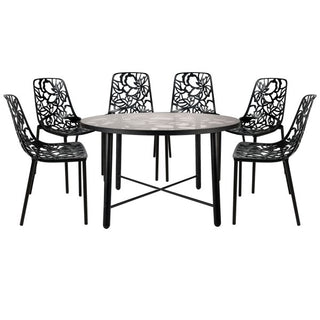 LeisureModLeisureMod Devon Mid-Century Modern 7-Piece Aluminum Outdoor Patio Dining Set with Tempered Glass Top Table and 6 Stackable Flower Design Chairs for Patio, Poolside, Balcony, and Backyard Garden DT48C6WDT48C6BLAloha Habitat