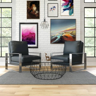 LeisureModLeisureMod | Jefferson Modern Leather Armchair with Silver Frame and Round Coffee Table with Glass Top and Metal Base | JAS29MD392-LJAS29MD39BL2-LAloha Habitat