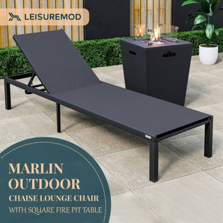 LeisureModLeisureMod | Marlin Modern Black Aluminum Outdoor Patio Chaise Lounge Chair with Square Fire Pit Side Table Perfect for Patio, Lawn, and Garden | MLBLCF21-77WMLBLCF21-77BLAloha Habitat