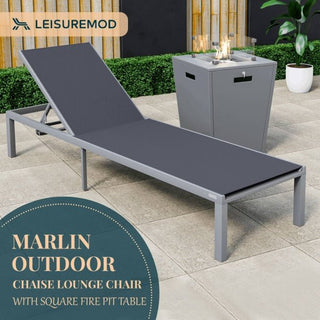 LeisureModLeisureMod | Marlin Modern Grey Aluminum Outdoor Patio Chaise Lounge Chair with Square Fire Pit Side Table Perfect for Patio, Lawn, and Garden | MLGRCF21-77MLGRCF21-77BLAloha Habitat