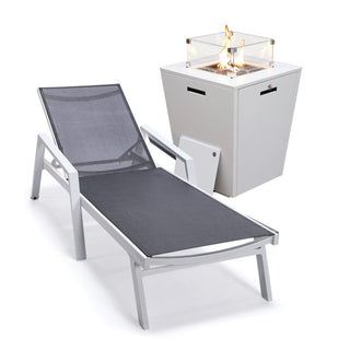 LeisureModLeisureMod | Marlin Modern White Aluminum Outdoor Patio Chaise Lounge Chair With Arms and Square Fire Pit Side Table Perfect for Patio, Lawn, and Garden | MLAWCF21-77WMLAWCF21-77BLAloha Habitat