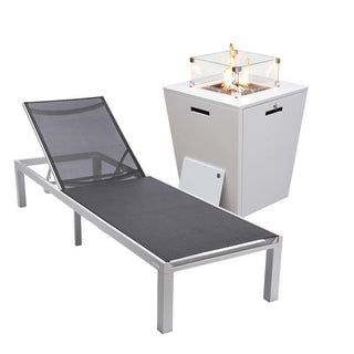 LeisureModLeisureMod | Marlin Modern White Aluminum Outdoor Patio Chaise Lounge Chair with Square Fire Pit Side Table Perfect for Patio, Lawn, and Garden | MLWCF21-77WMLWCF21-77BLAloha Habitat