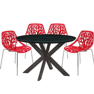 LeisureModLeisuremod | Ravenna Mid-Century Modern 5-Piece Metal Dining Set with 4 Stackable Plastic Chairs and Round Wood Table with Geometric Base for Kitchen and Dining Room | RTX47AC164RTX47AC16R4Aloha Habitat