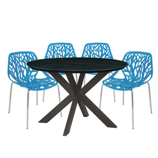 LeisureModLeisuremod | Ravenna Mid-Century Modern 5-Piece Metal Dining Set with 4 Stackable Plastic Chairs and Round Wood Table with Geometric Base for Kitchen and Dining Room | RTX47AC164RTX47AC16BU4Aloha Habitat