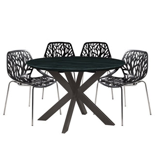 LeisureModLeisuremod | Ravenna Mid-Century Modern 5-Piece Metal Dining Set with 4 Stackable Plastic Chairs and Round Wood Table with Geometric Base for Kitchen and Dining Room | RTX47AC164RTX47AC16BL4Aloha Habitat