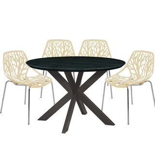 LeisureModLeisuremod | Ravenna Mid-Century Modern 5-Piece Metal Dining Set with 4 Stackable Plastic Chairs and Round Wood Table with Geometric Base for Kitchen and Dining Room | RTX47AC164RTX47AC16CR4Aloha Habitat