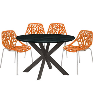 LeisureModLeisuremod | Ravenna Mid-Century Modern 5-Piece Metal Dining Set with 4 Stackable Plastic Chairs and Round Wood Table with Geometric Base for Kitchen and Dining Room | RTX47AC164RTX47AC16OR4Aloha Habitat