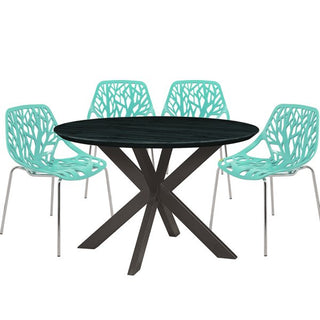 LeisureModLeisuremod | Ravenna Mid-Century Modern 5-Piece Metal Dining Set with 4 Stackable Plastic Chairs and Round Wood Table with Geometric Base for Kitchen and Dining Room | RTX47AC164RTX47AC16MT4Aloha Habitat