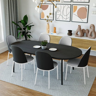 LeisureModLeisureMod | Tule 7-Piece Dining Set in White Steel Frame with 6 Upholstered Seat Dining Chairs and 71" Oval Dining Table with MDF Tabletop | TT70-TC18WTT70-TC18WTT70-WCBL18-WAloha Habitat