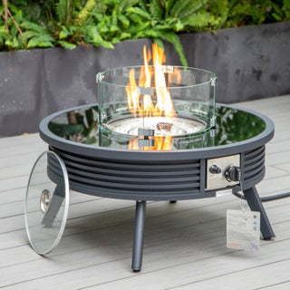 LeisureModLeisuremod | Walbrooke Outdoor Patio Aluminum Round Slats Design Fire Pit Side Table with Lid and Fire Glass for Patio and Backyard Garden | WS-29-GLWBLS-29-GLAloha Habitat