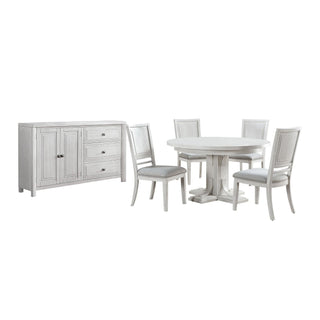 Sunset TradingDover 6PC 54” Round to 72" Oval Expanding Pedestal Dining Table Set w Storage Sideboard, Upholstered Chairs, Cerused White Oak Wood, Seats 4-8, Contemporary Space-Saving Kitchen FurnitureAG-638-072-900-8946PAloha Habitat