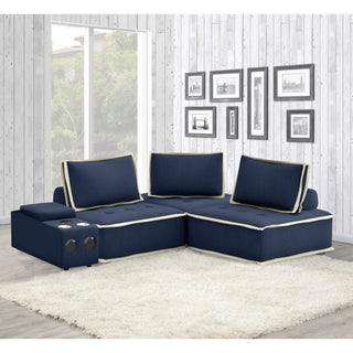 Sunset TradingPixie 4 Piece Sofa Sectional | Modular Couch | Bluetooth Speaker Console Outlets USB Storage Cupholders | Navy Blue and Cream FabricSU-UPX1671135-3A-MNWAloha Habitat