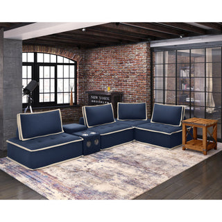 Sunset TradingPixie 5 Piece Sofa Sectional | L Shaped Modular Couch | Bluetooth Speaker Console Outlets USB Storage Cupholders | Navy Blue and Cream FabricSU-UPX1671135-4A-MNWLAloha Habitat
