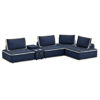 Sunset TradingPixie 5 Piece Sofa Sectional | Modular Couch | Bluetooth Speaker Console Outlets USB Storage Cupholders | Navy Blue and Cream FabricSU-UPX1671135-4A-MNWAloha Habitat