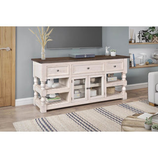 Sunset TradingRustic French 70" Console | 3 Drawer | 2 Door Media Storage Cabinet | 4 Open Shelves | Distressed White and Brown Solid WoodHH-2750-070Aloha Habitat